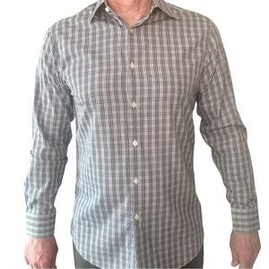 THEORY Plaid Button Up Dress Shirt Cotton Poplin Black Grey White Marco P